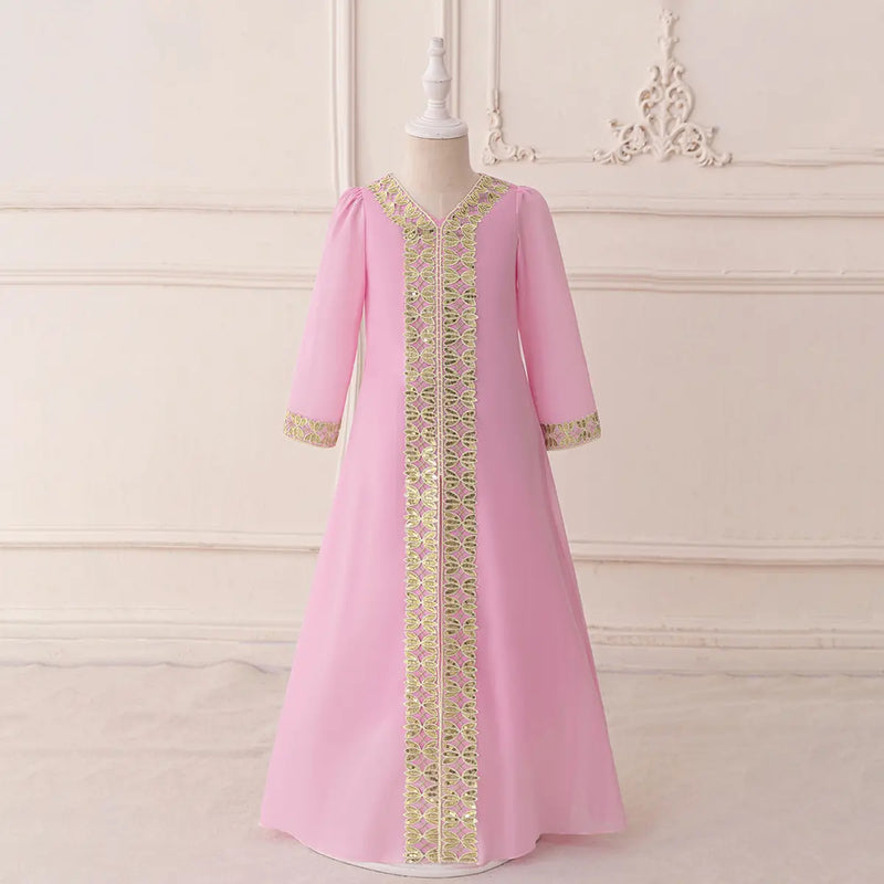 Girls Pink Embroidered A-Line Maxi Dress With V-neckline Casual Dresses Pink 3-4 Y