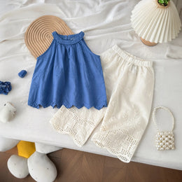 Girls Blue Sleeveless Schiffli Top With Elasticated Pants Sets 2 pc. Sets Blue 1-2 Y
