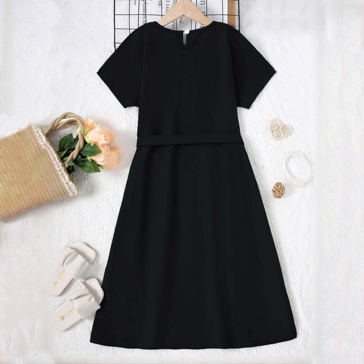 Girls Black Short Sleeves Lace V-Neck Dress Casual Dresses