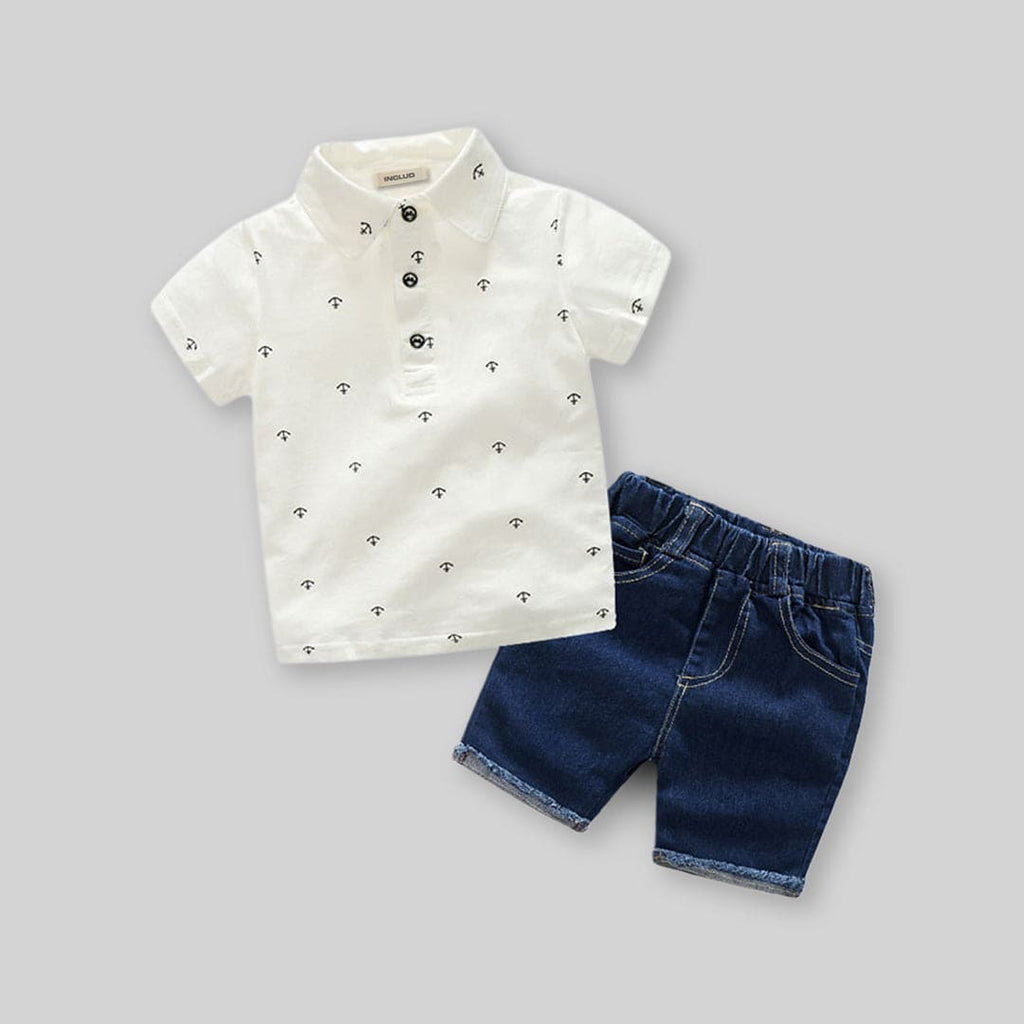 Boys Printed Polo T-shirt with Denim Shorts Set