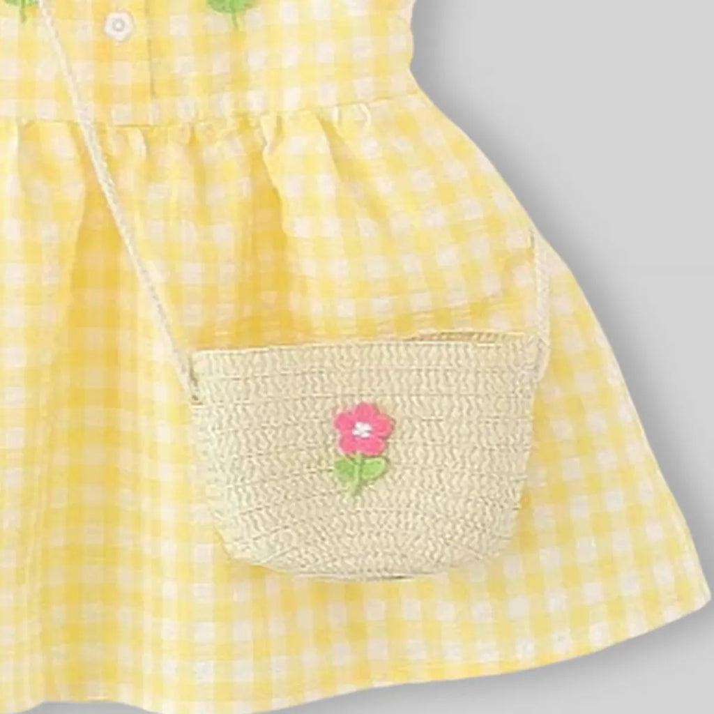 Girls Yellow Checked Sleeveless A-line Dress With Sling Bag Casual Dresses