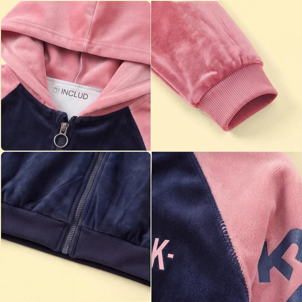 Girls Navy Blue Typographic Printed Hooded Zipper Jacket With Jogger Sets Sets