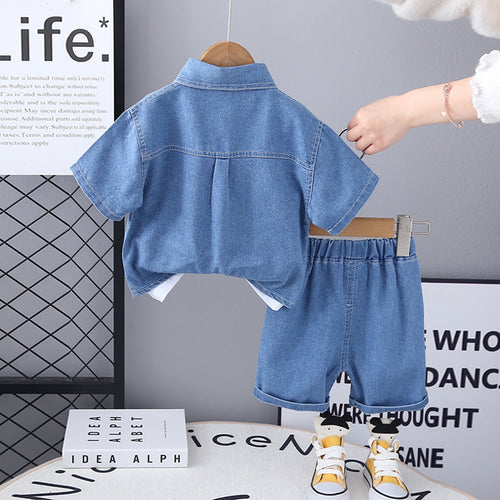 Boys Light Blue Denim Short Sleeves Shirt With Shorts Set 2 pc. Sets