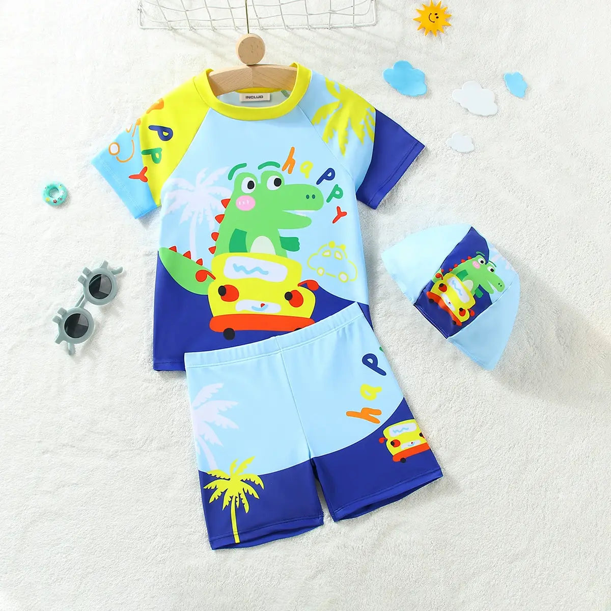 Boys Sky Blue Car Printed Short Sleeves T-Shirt & Shorts With Cap Swimsuit Sets Sets Sky Blue 1-2 Y