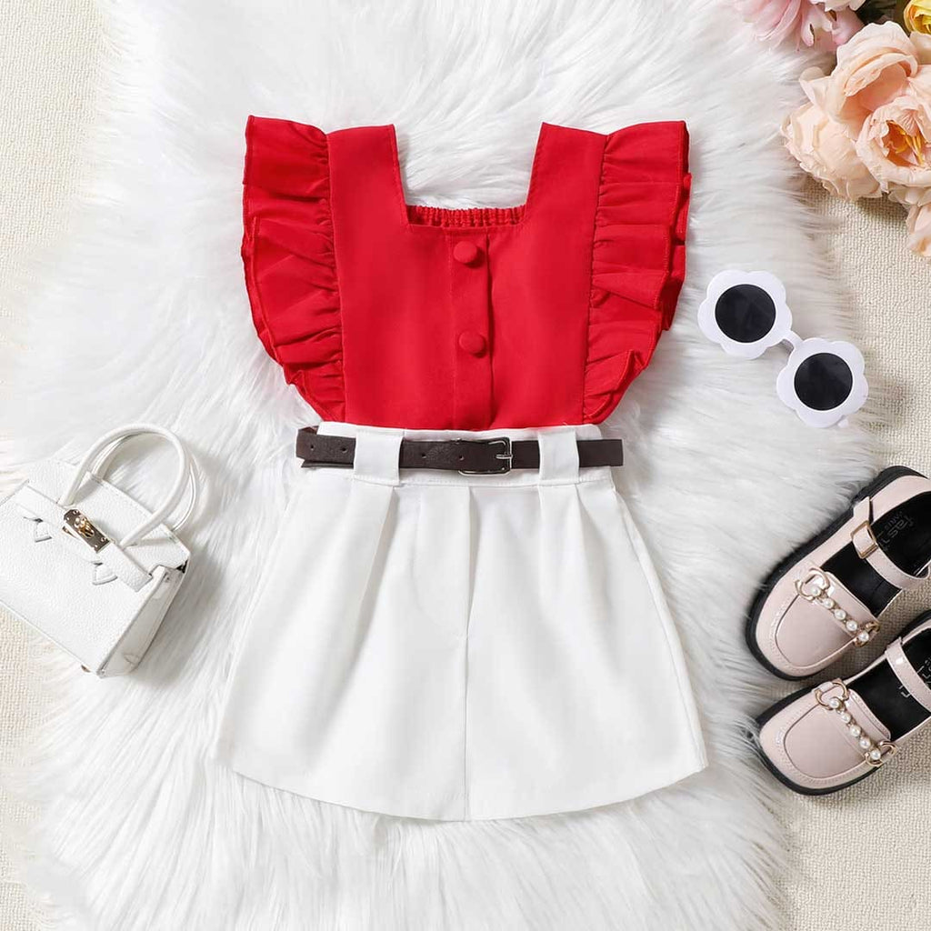 Girls Square Neck Flared Sleeves Top With Shorts & Belt Set