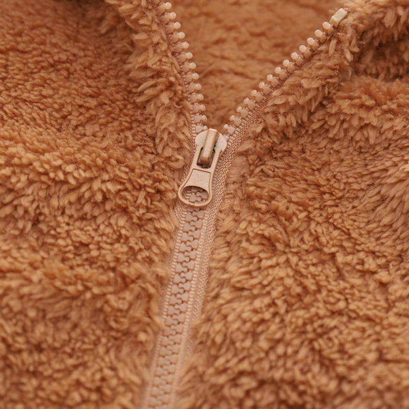 Girls Brown Fur Front Zipper Hooded Winter Jacket Coats & Jackets