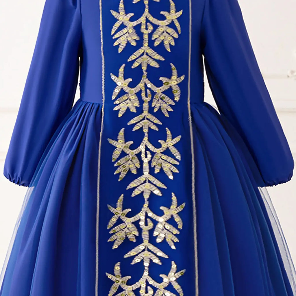 Girls Blue Embroidered Maxi Dress With Puff Sleeves Casual Dresses