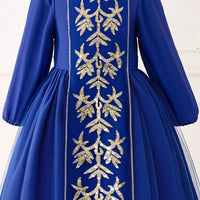Girls Blue Embroidered Maxi Dress With Puff Sleeves Casual Dresses