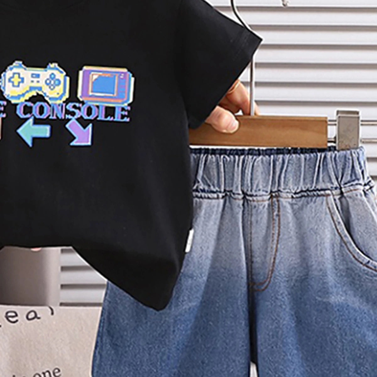 Boys Black Gaming Console Print T-Shirt With Denim Shorts Set Sets