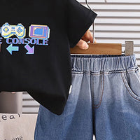 Boys Black Gaming Console Print T-Shirt With Denim Shorts Set Sets