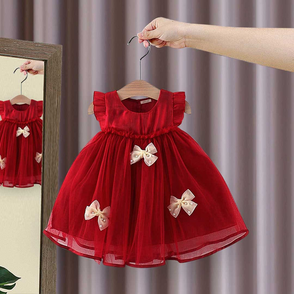 Girls Red Tulle Overlay Empire Line Party Dress with Bows Party Dresses Maroon 1-2 Y 