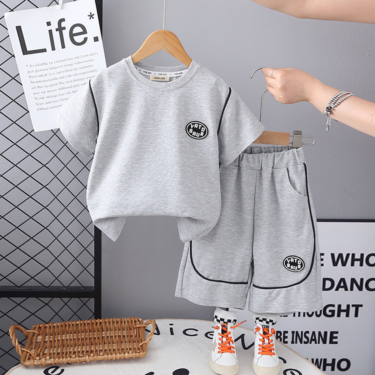 Boys Grey Solid Short Sleeves Contrast Piping T-Shirt With Shorts Set 2 pc. Sets Grey 2-3 Y