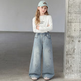 Girls Light Blue Kitty Embroidered Baggy Fit Denim Jeans