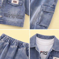 Boys Light Blue Denim Shacket & Cargo Pants With T-Shirt Sets Sets