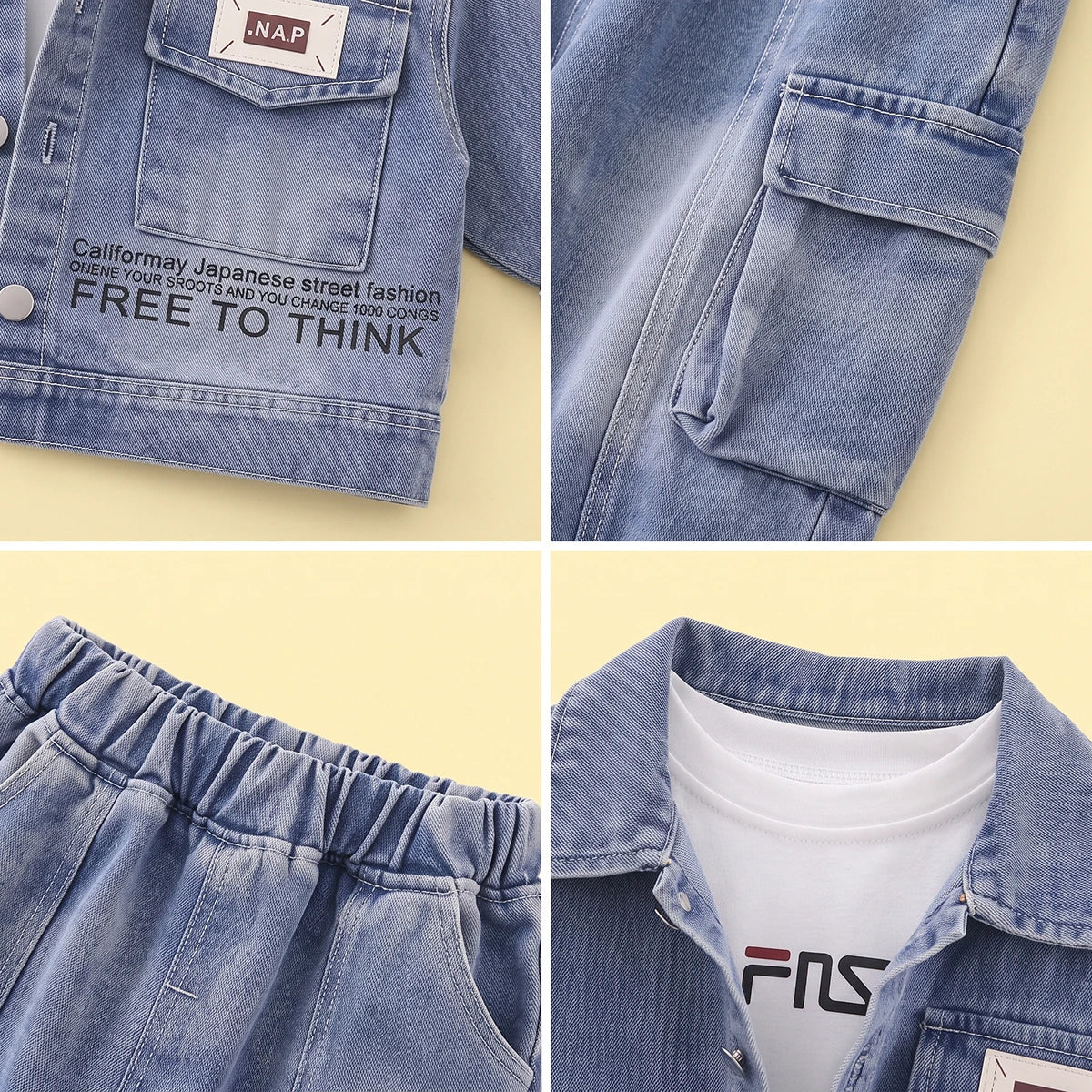 Boys Light Blue Denim Shacket & Cargo Pants With T-Shirt Sets Sets