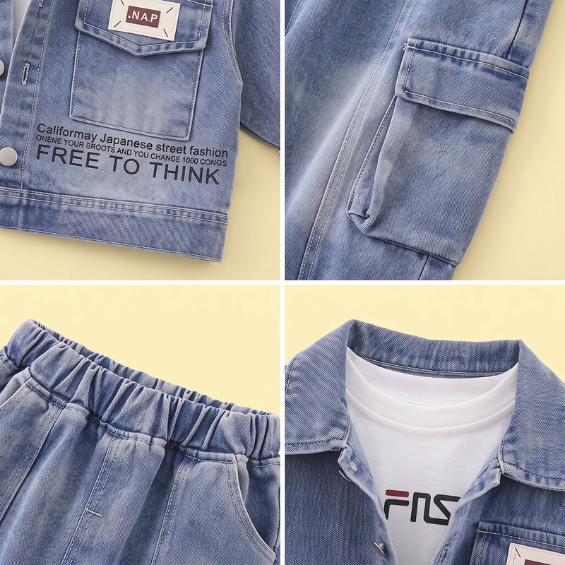 Boys Light Blue Denim Shacket & Cargo Pants With T-Shirt Sets Sets