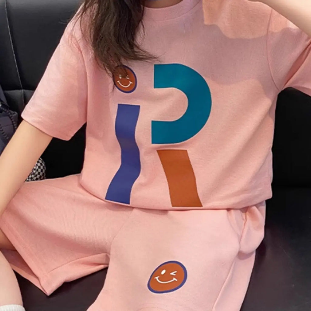 Girls Pink Letter R Printed Short Sleeves T-Shirt With Shorts Co-ord Sets Sets