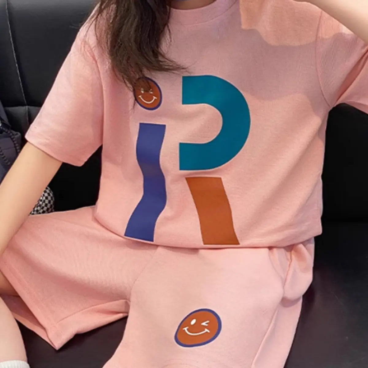 Girls Pink Letter R Printed Short Sleeves T-Shirt With Shorts Co-ord Sets Sets