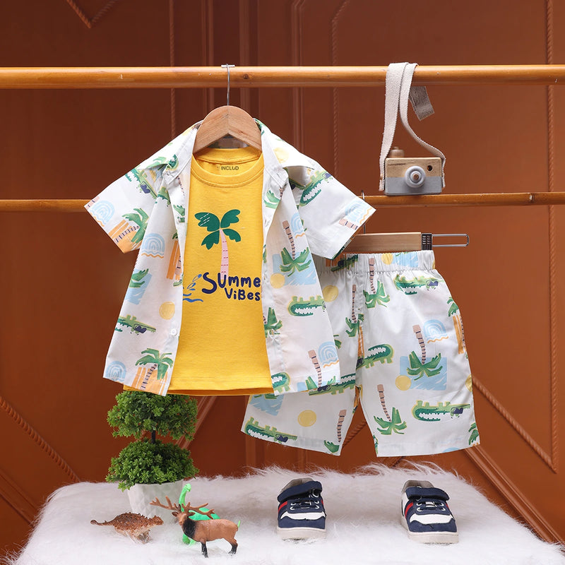 Boys White Tropical Print Shirt With Graphic T-Shirt And Elasticated Shorts Sets 3 pc. Sets White 1-2 Y