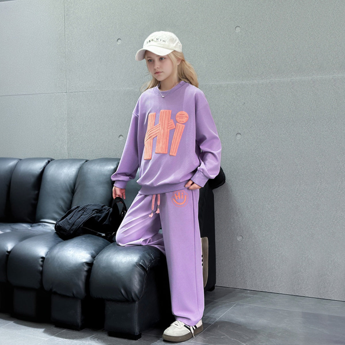 Girls Purple Hi Printed Winter Sweatshirt With Pants Set 2 pc. Sets