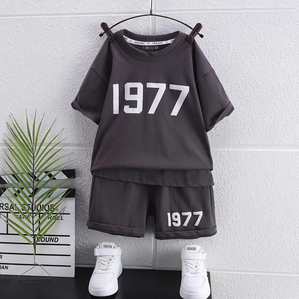 Boys Grey Numeric Print Short Sleeve T-Shirt With Shorts Sets 2 pc. Sets Grey 1-2 Y
