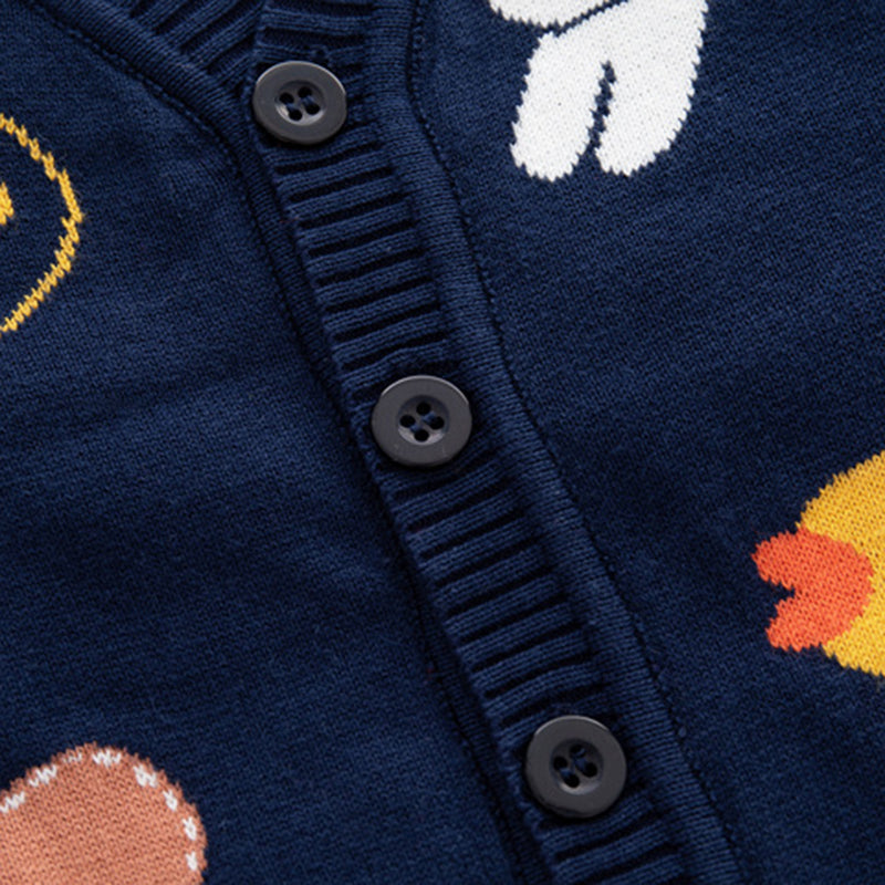 Boys Navy Blue Knitted Cardigan with Self-Design Animal Patterns Sweaters & Cardigans