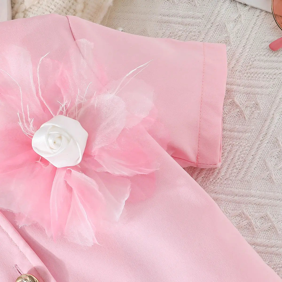 Girls Pink Flower Applique Short Sleeves Top With Pleated Skirts Co-ord Sets Sets
