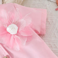 Girls Pink Flower Applique Short Sleeves Top With Pleated Skirts Co-ord Sets Sets