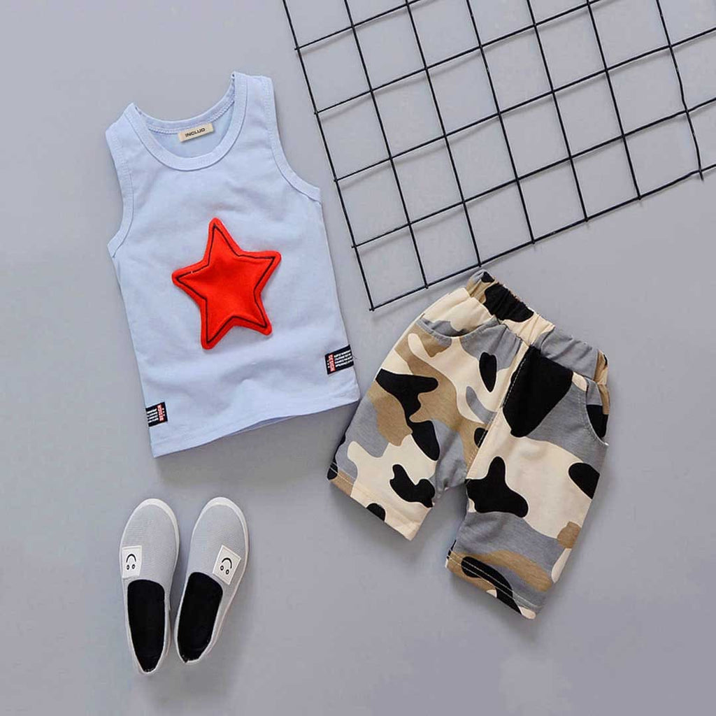 Boys Star Applique Vest With Camouflage Printed Shorts Set