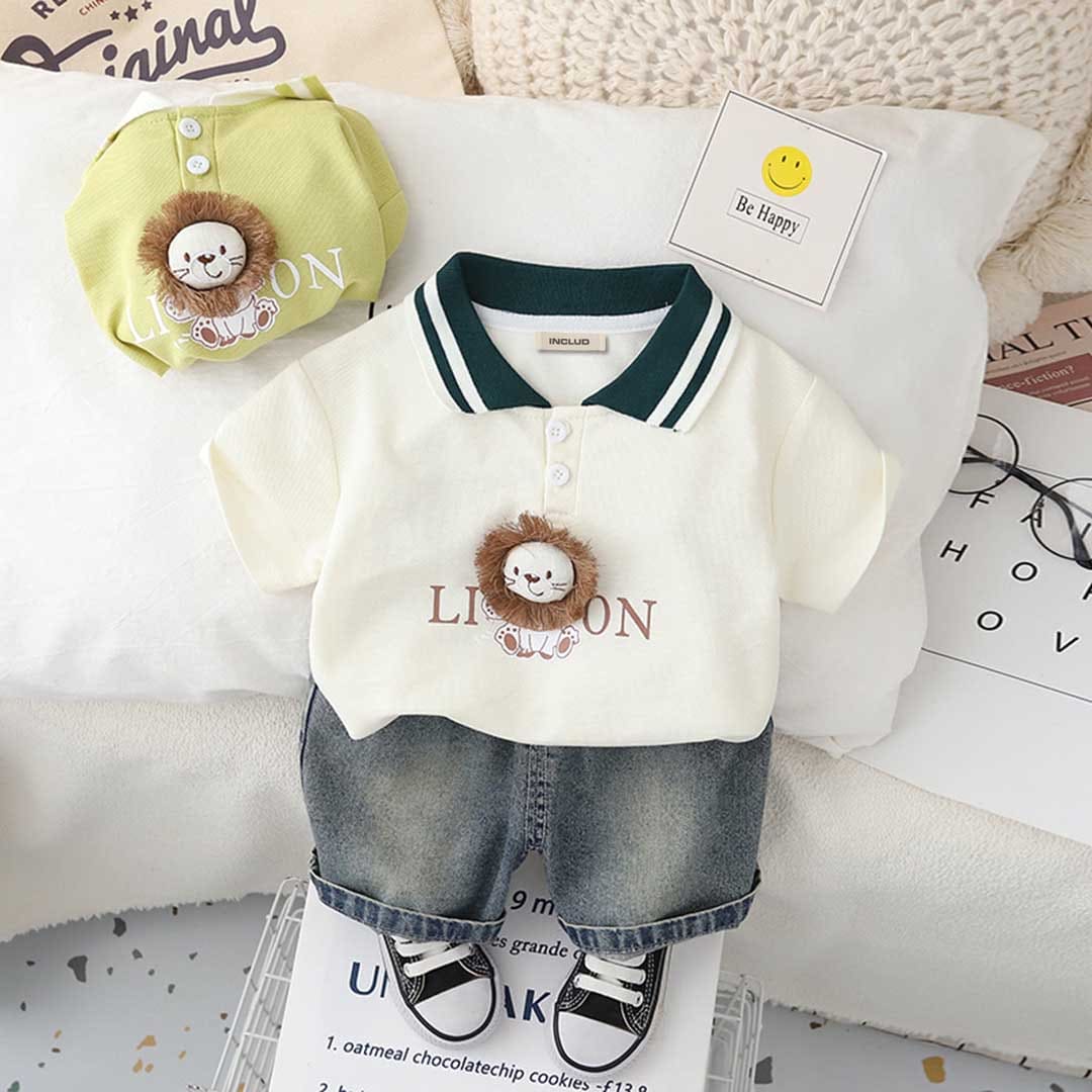 Boys Lion Applique Polo T-Shirt With Denim Shorts Set 2 pc. Sets White 1-2 Y 