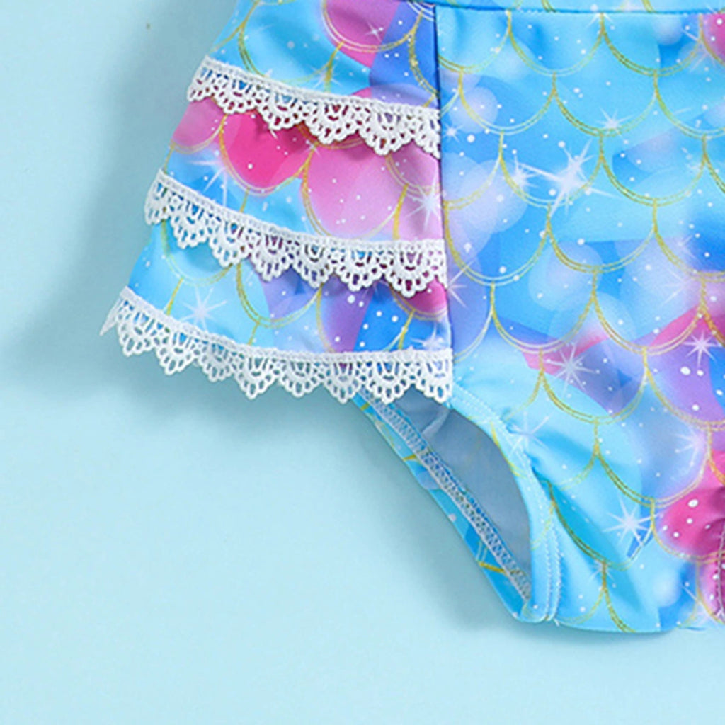 Girls Light Blue Abstract Printed Sleeveless Top With Briefs Swimwear Sets Sets