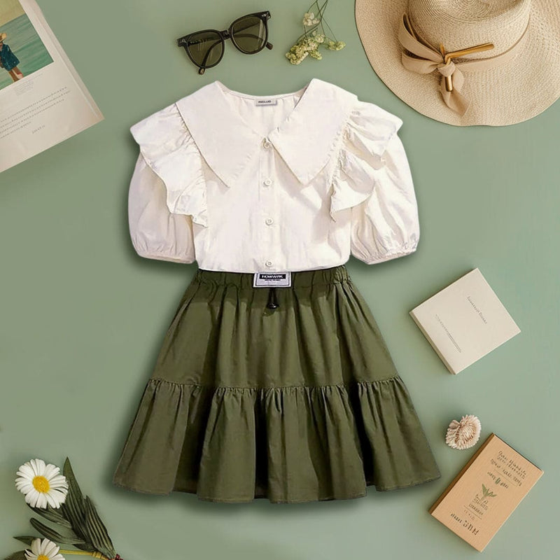 Girls Ruffle Shirt With Flared Skirt Set Sets Green 4-5 Y