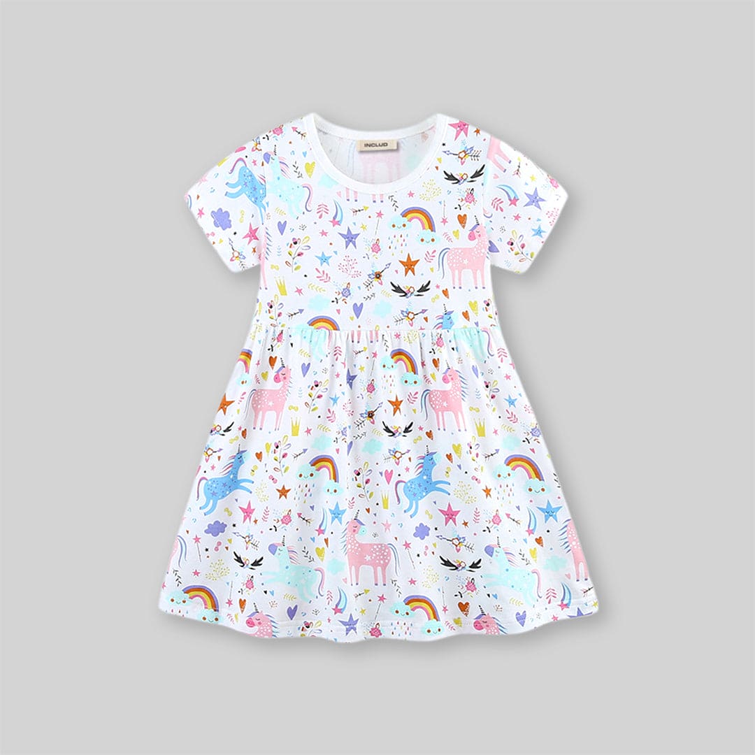 Girls Unicorn Printed Short Sleeve Dress Casual Dresses   