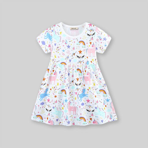 Girls Unicorn Printed Short Sleeve Dress Casual Dresses   