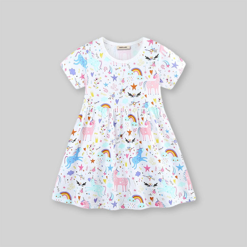 Girls Unicorn Printed Short Sleeve Dress Casual Dresses   