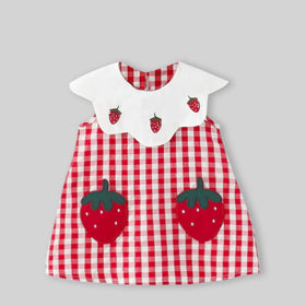 Girls Red Checked A-line Dress With Strawberry Patch Embroidery Casual Dresses