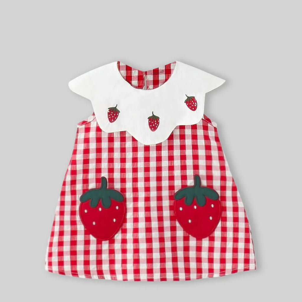 Girls Red Checked A-line Dress With Strawberry Patch Embroidery Casual Dresses