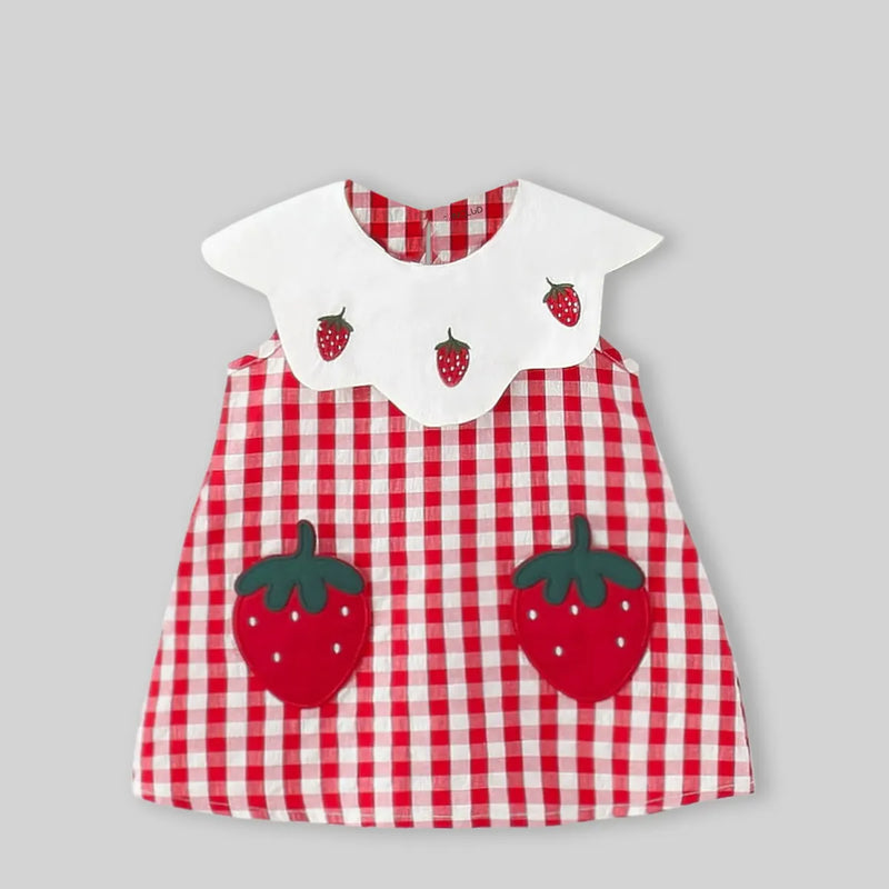 Girls Red Checked A-line Dress With Strawberry Patch Embroidery Casual Dresses