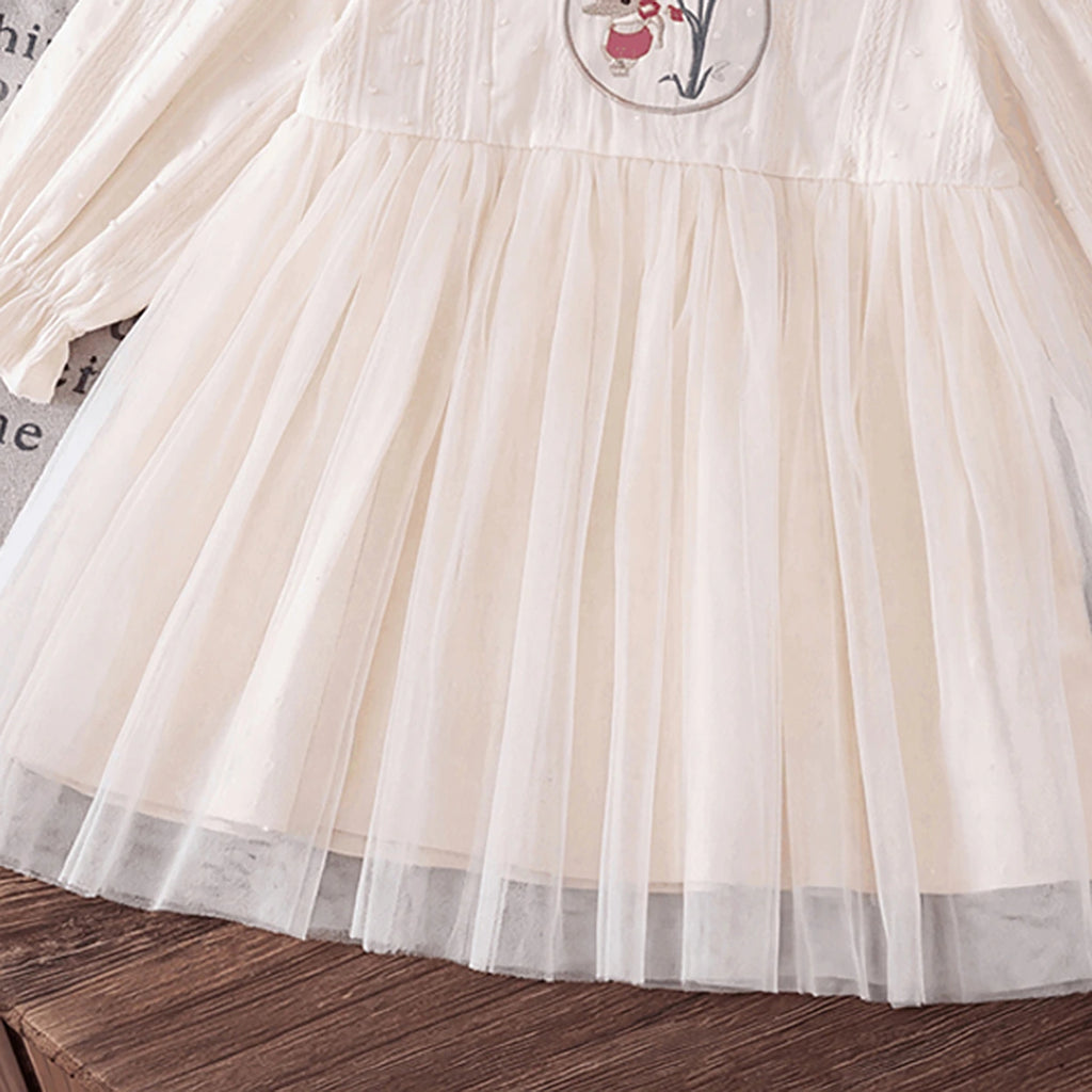 Girls Off White Bunny Embroidered Puff Sleeve A-line Dress Casual Dresses
