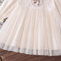 Girls Off White Bunny Embroidered Puff Sleeve A-line Dress Casual Dresses