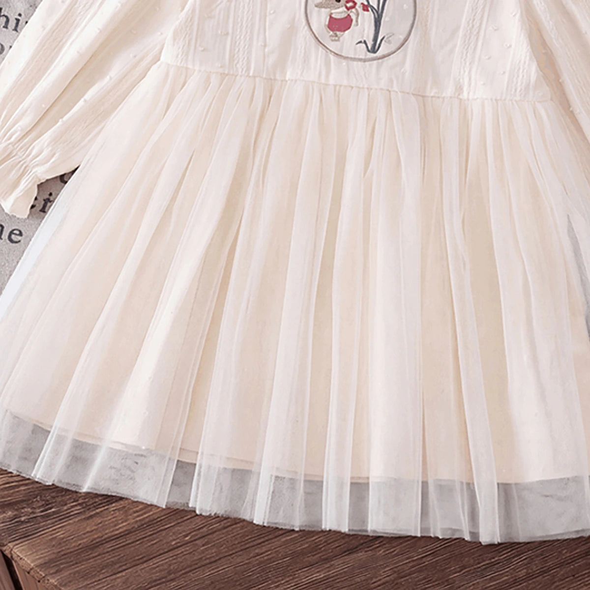 Girls Off White Bunny Embroidered Puff Sleeve A-line Dress Casual Dresses
