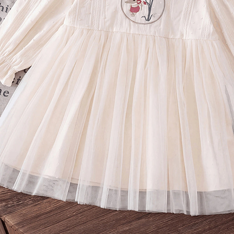 Girls Off White Bunny Embroidered Puff Sleeve A-line Dress Casual Dresses