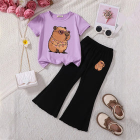 Girls Purple Capybara Printed T-Shirt With Flared Pants Sets Sets Purple 3-4 Y
