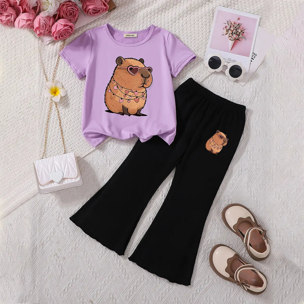 Girls Purple Capybara Printed T-Shirt With Flared Pants Sets Sets Purple 3-4 Y