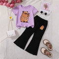 Girls Purple Capybara Printed T-Shirt With Flared Pants Sets Sets Purple 3-4 Y