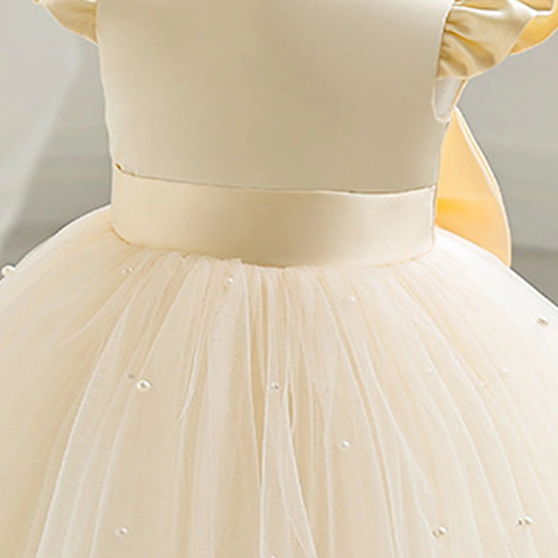 Girls Cream Pearl-Embellished Flutter Sleeve Fit & Flare Dress Casual Dresses