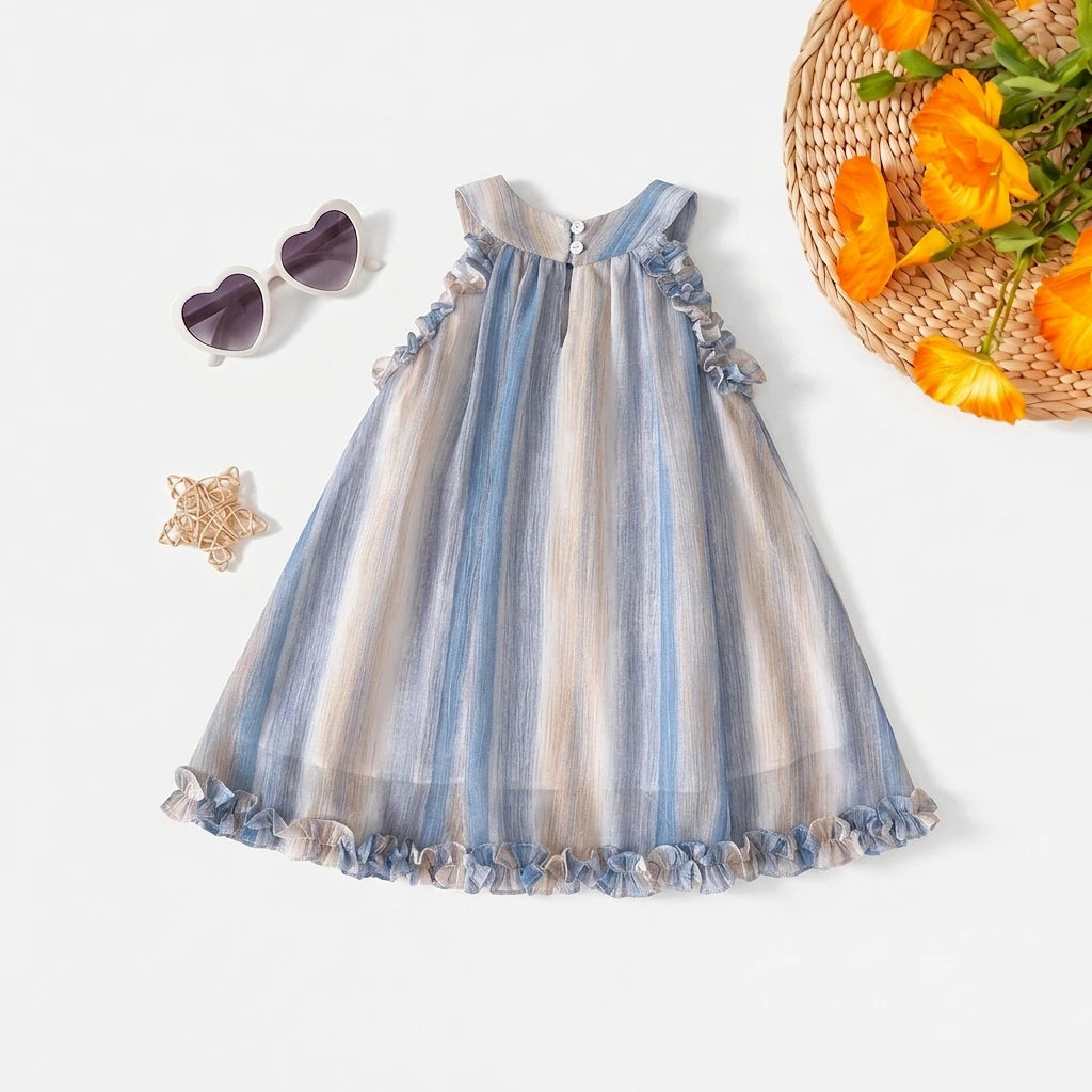 Girls Blue Striped Sleeveless Ruffled A-line Dress Casual Dresses