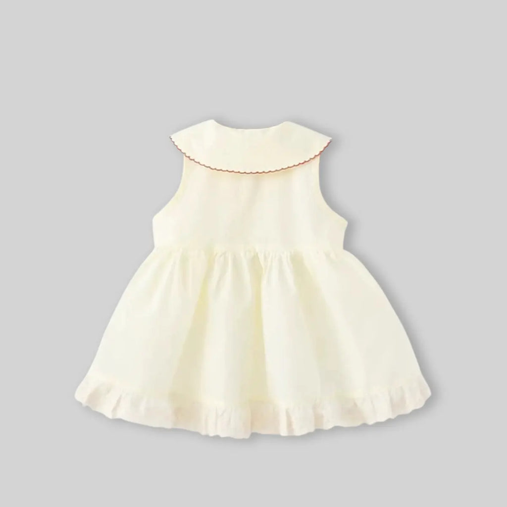 Girls Cream Strawberry Embroidered Sleeveless Fit & Flare Dress Casual Dresses