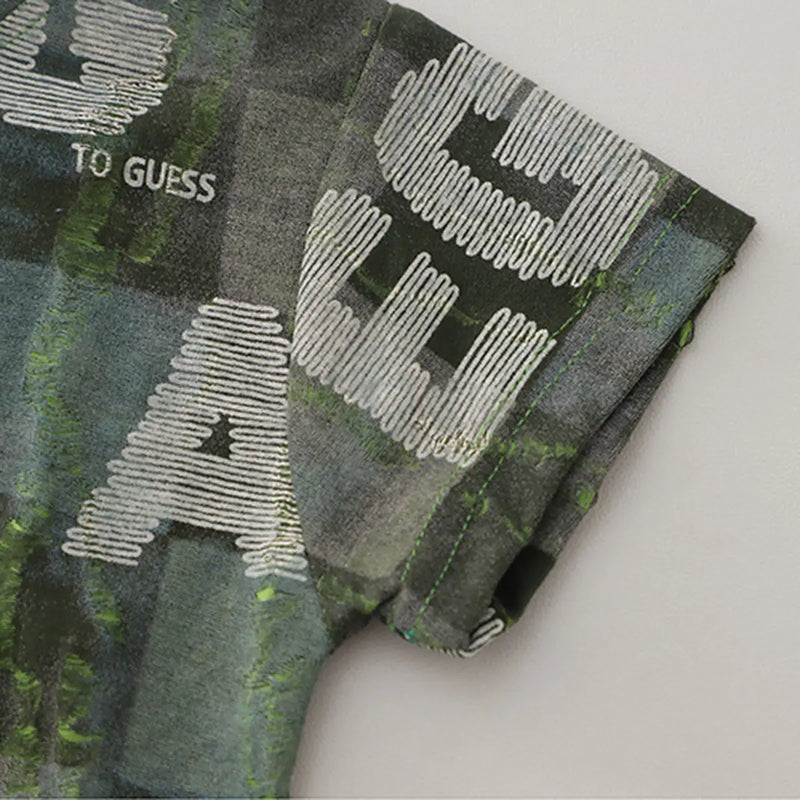 Boys Army Green Typographic Printed Short Sleeves T-Shirt With Denim Shorts Sets 2 pc. Sets