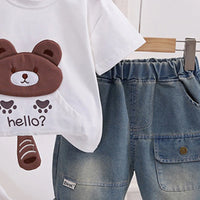 Boys White Bear Motif Short Sleeve T-Shirt With Denim Shorts Sets 2 pc. Sets